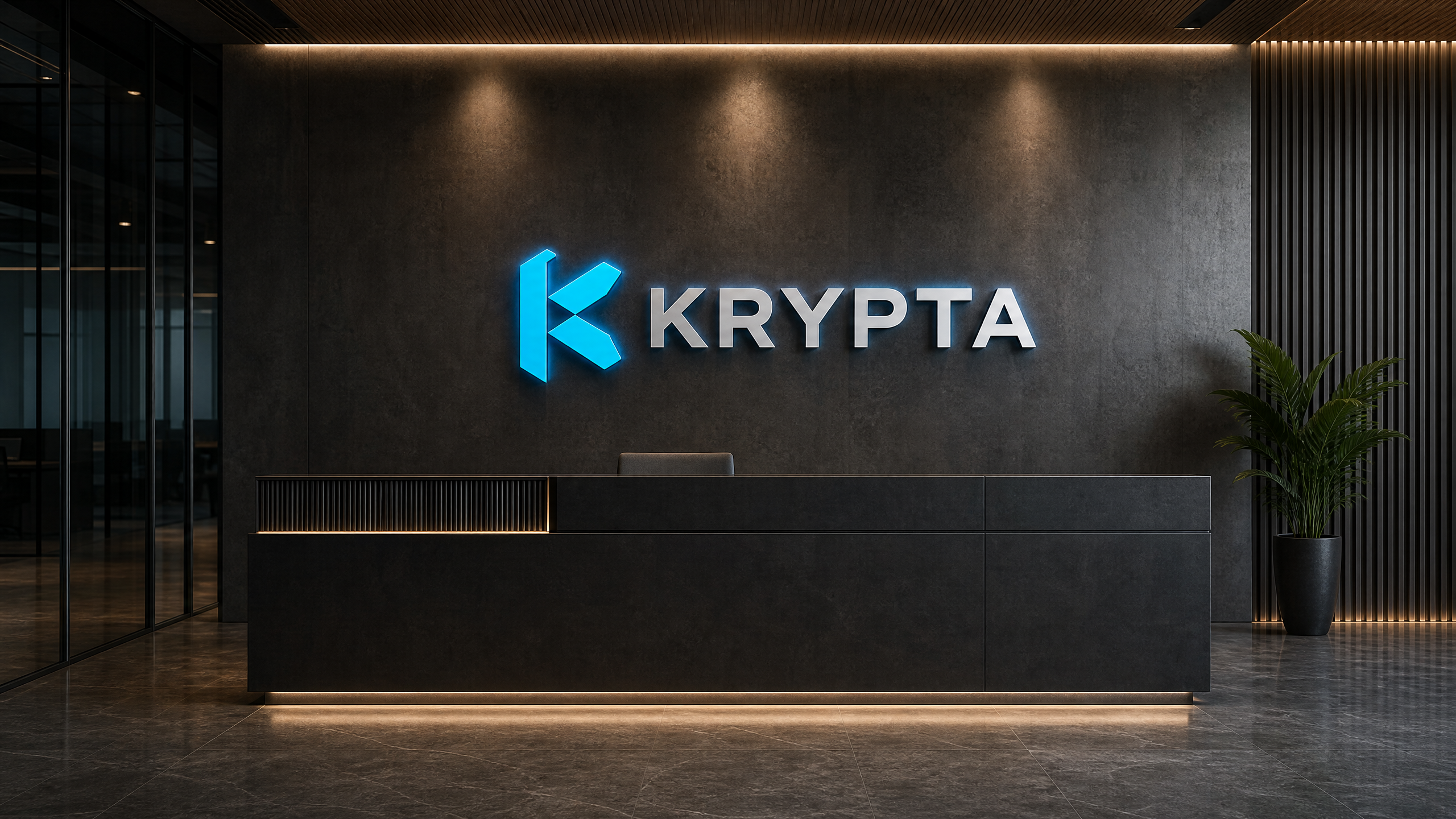 Conceito de recepção da sede da Krypta em Cascavel, com o símbolo K-Vértice em metal escovado e luz ciano indireta